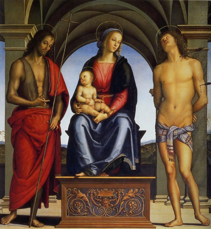 Madonna with Child Enthroned between Saints John the Baptist and Sebastian, Pietro Perugino